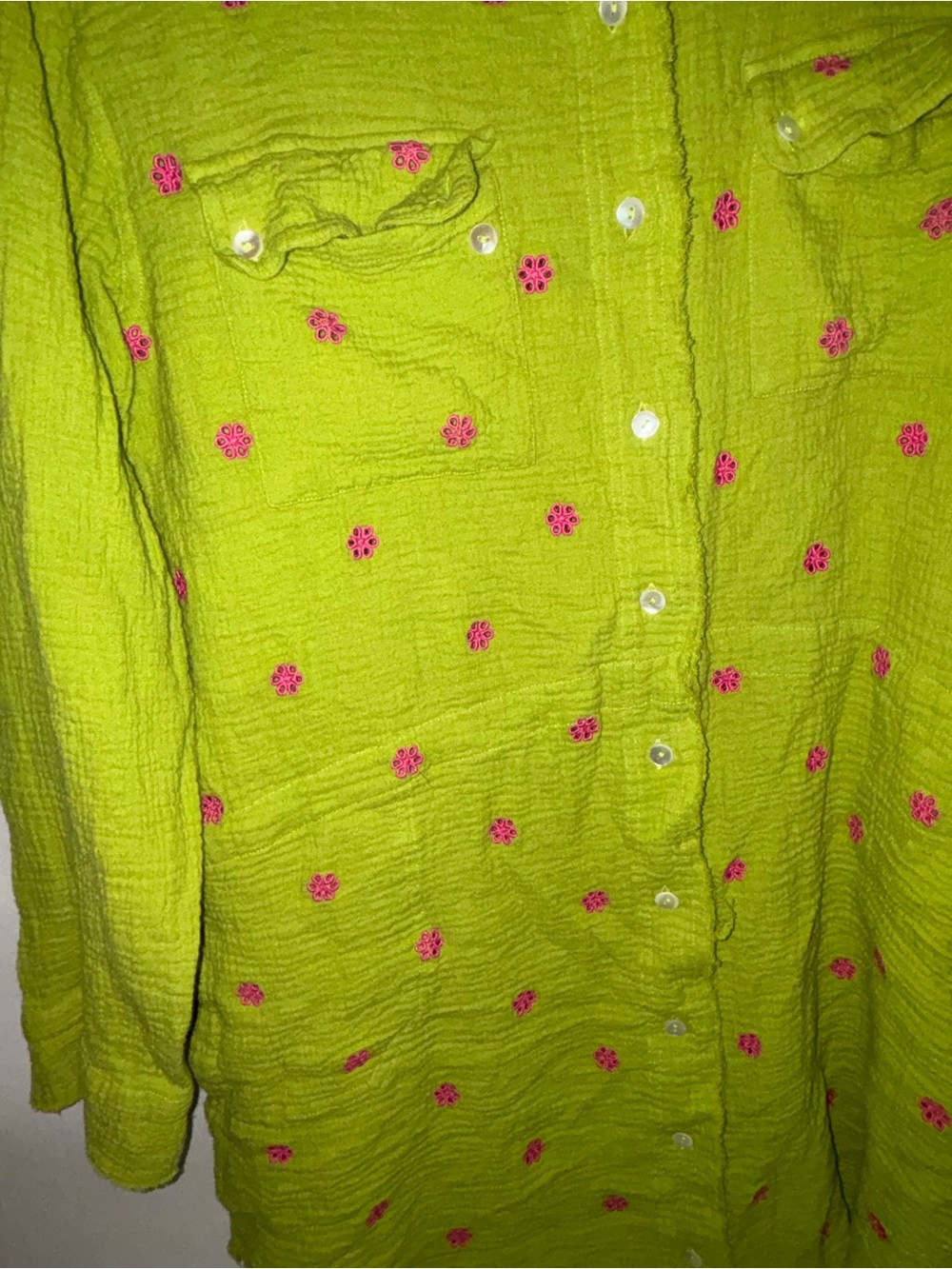 Ivy Jane Green Crinkle Embroidered Floral Boho Hippie Blouse Top M/L - Picture 5 of 5